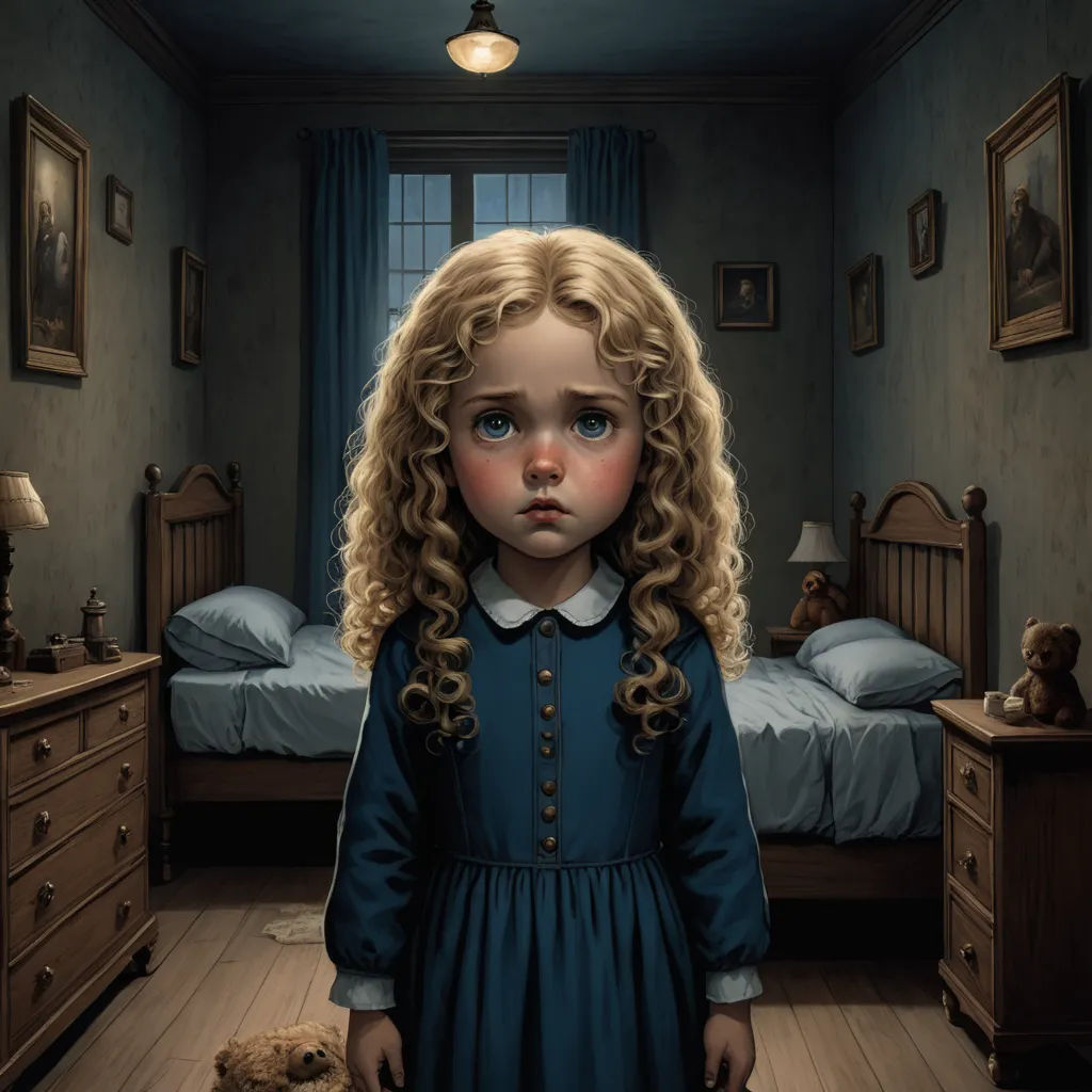 a painting of a girl in a blue dress standing in a bedroom with a teddy bear in front of her, photorealism, a storybook illustration, Brad Kunkle, highly detailed digital painting