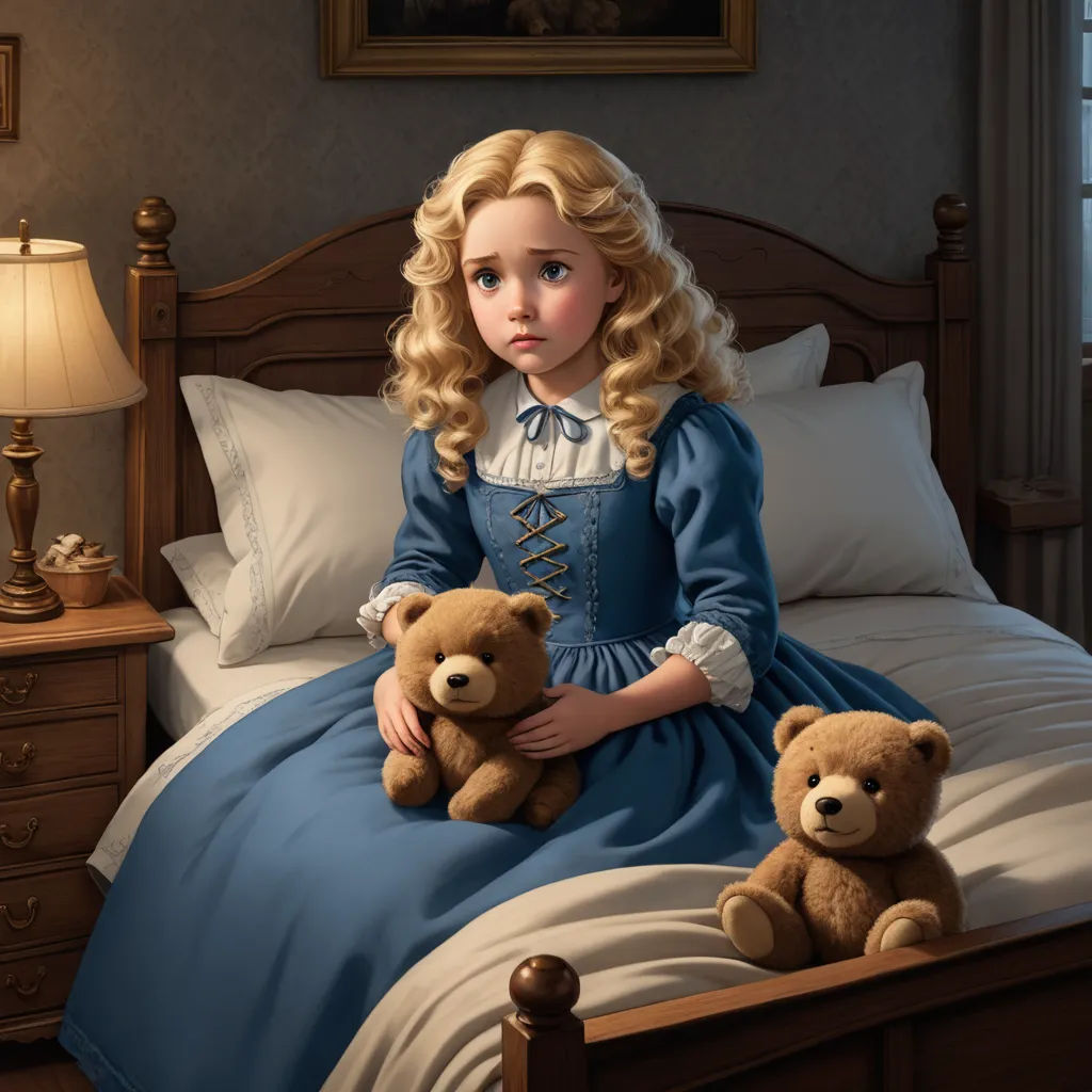 a painting of a little girl sitting on a bed with two teddy bears in front of her and a lamp on the side table, photorealism, a storybook illustration, Clarice Beckett, cgstudio
