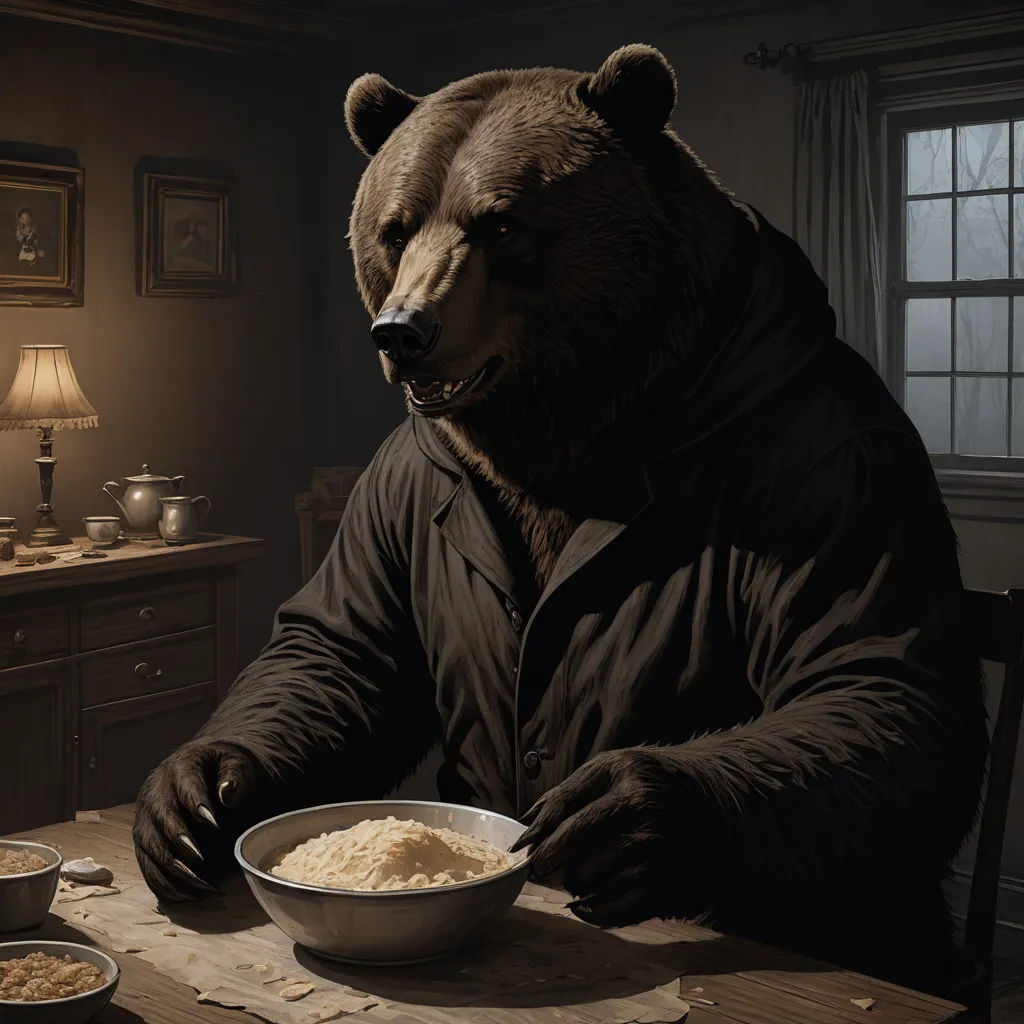 a bear is eating out of a bowl on a table with a lamp on it and a bowl of rice in front of him, furry art, an ultrafine detailed painting, Chris LaBrooy, cgstudio
