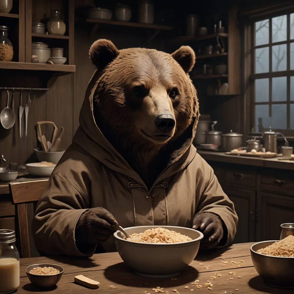 a bear in a bear costume eating cereal at a table with a bowl of cereal in front of him, furry art, a character portrait, Chris LaBrooy, cgstudio
