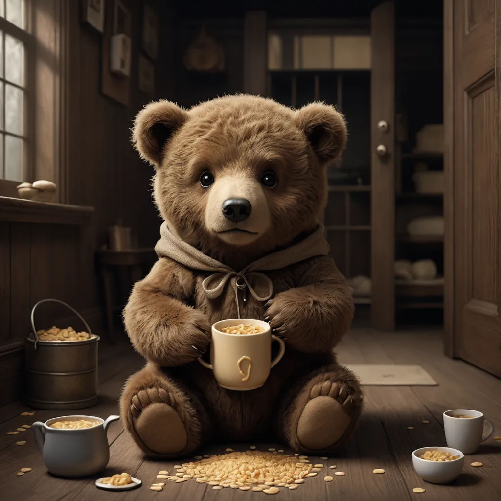 a teddy bear sitting on the floor with a cup of coffee and a mug of coffee in front of it, photorealism, a storybook illustration, Chris LaBrooy, cgstudio
