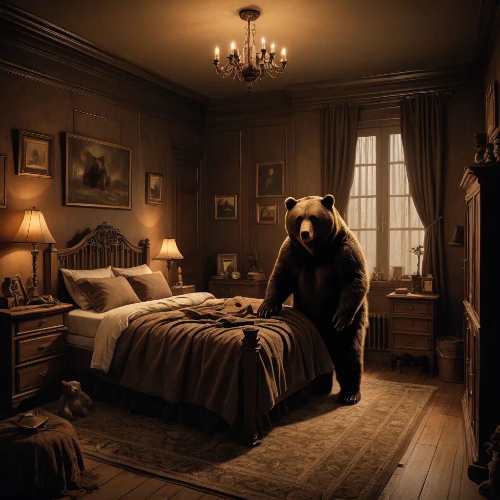 a bear standing on a bed in a room with a chandelier and a chandelier hanging from the ceiling, fantastic realism, a storybook illustration, Chris LaBrooy, behance hd