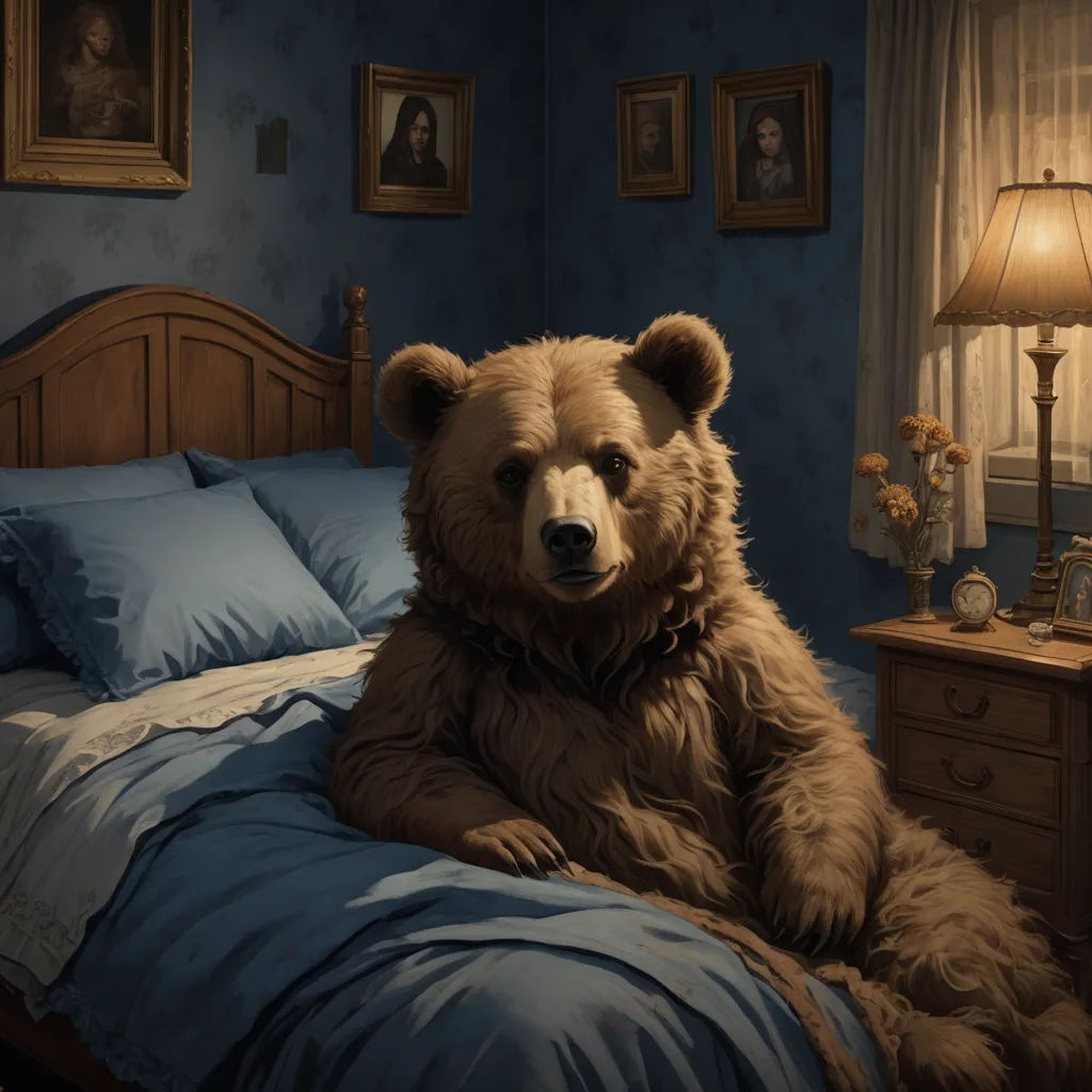 a large brown bear sitting on top of a bed in a bedroom next to a lamp and a dresser, furry art, a storybook illustration, Chris LaBrooy, behance hd