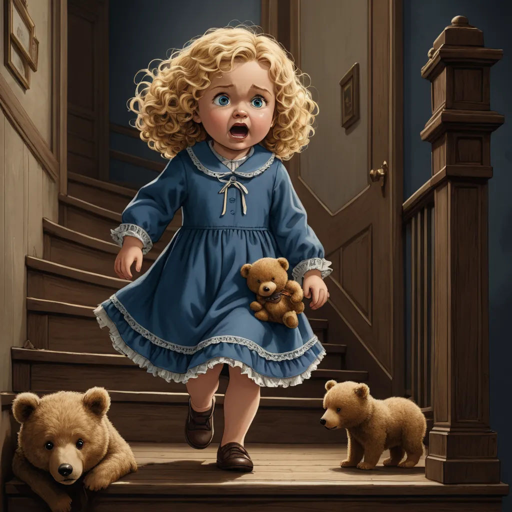 a painting of a little girl with teddy bears on the stairs of a house with a teddy bear in her hand, shock art, a storybook illustration, Clarice Beckett, storybook illustration