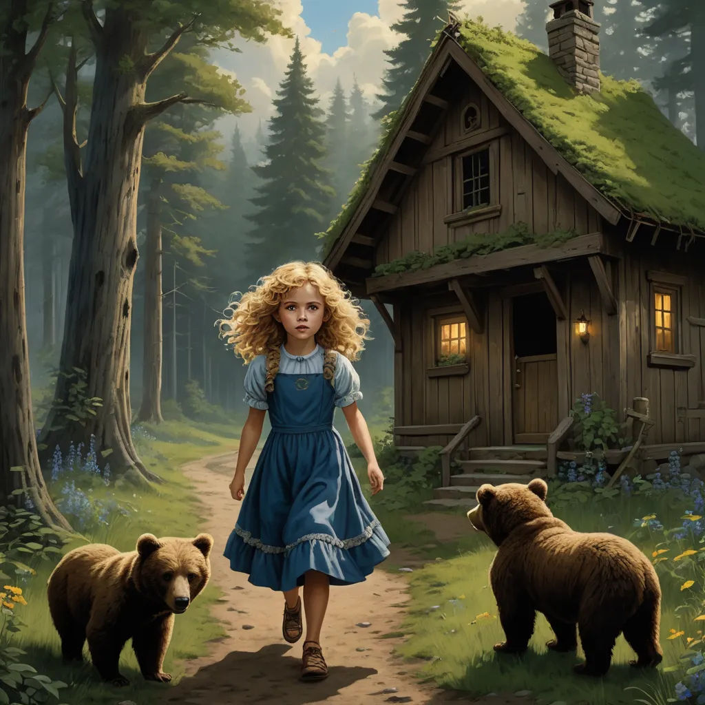 a painting of a girl walking with two bears in front of a cabin in the woods with a green roof, fantasy art, a storybook illustration, Bob Byerley, storybook illustration