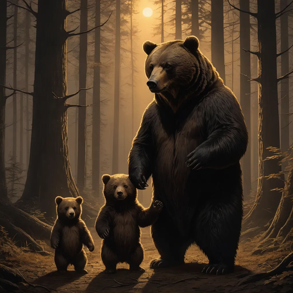 a bear and two bears standing in a forest at night with the sun shining through the trees behind them, furry art, a storybook illustration, Dan Mumford, highly detailed digital painting