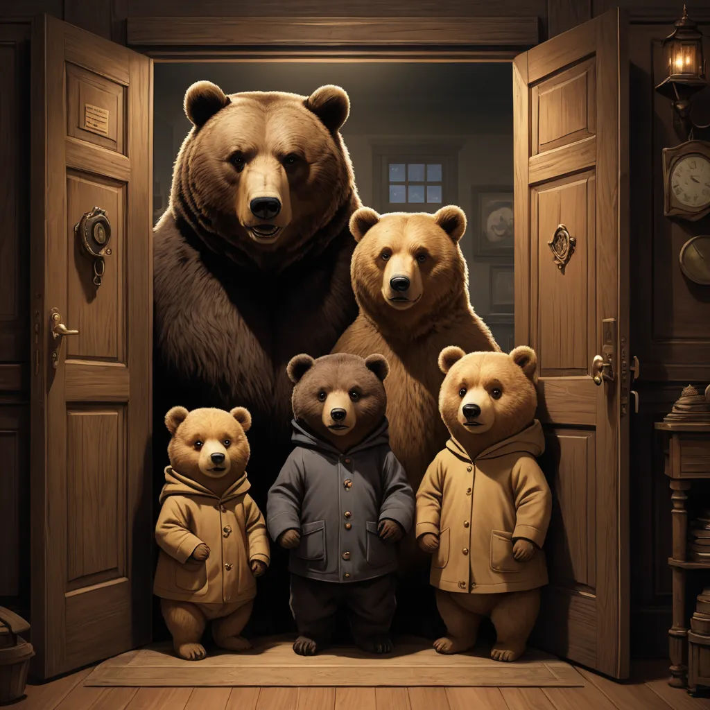 a group of teddy bears standing in a doorway with a bear in a coat and another bear in a coat, furry art, poster art, Chris LaBrooy, promotional image