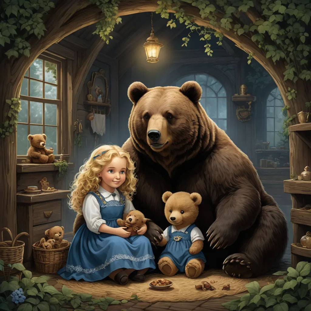a painting of a girl and a bear in a room with a window and a lamp on the ceiling, fantasy art, a storybook illustration, Bob Byerley, storybook illustration