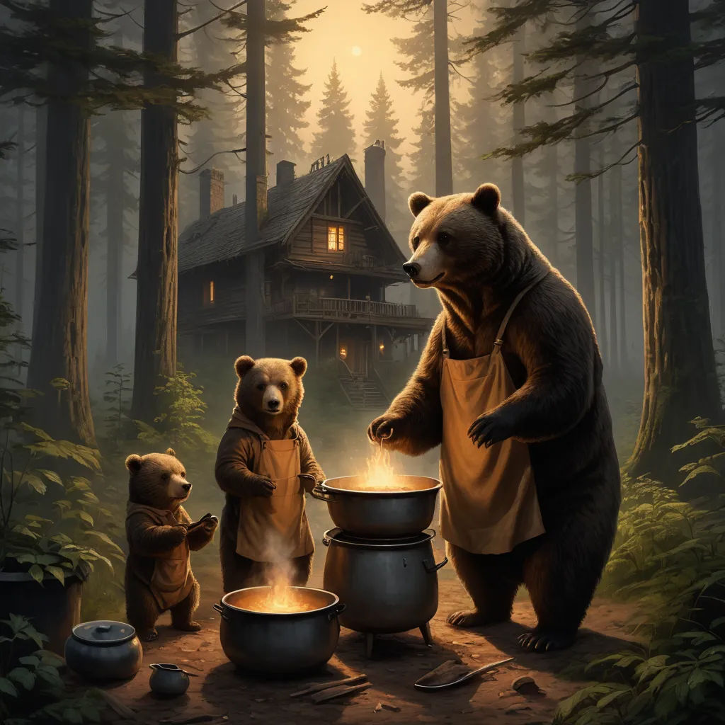 a painting of two bears cooking in a forest with a cabin in the background and a bear cub standing next to them, fantasy art, a storybook illustration, Christophe Vacher, highly detailed digital painting