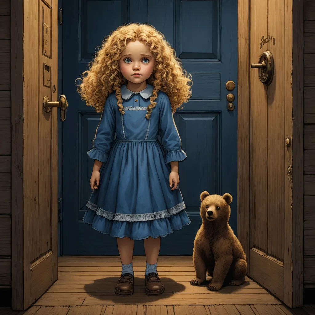 a painting of a girl standing in front of a door with a teddy bear sitting in front of her, photorealism, a storybook illustration, Brad Kunkle, cgstudio