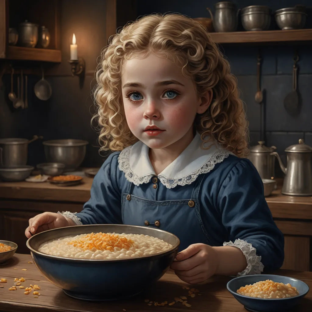 a painting of a little girl eating cereal from a bowl on a table in a kitchen with a blue wall, photorealism, a photorealistic painting, Andrea Kowch, highly detailed digital painting