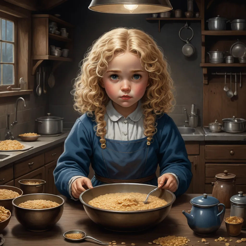 a painting of a girl in a kitchen with a bowl of cereal and a tea kettle and a tea kettle, fantastic realism, a storybook illustration, Andrea Kowch, highly detailed digital painting