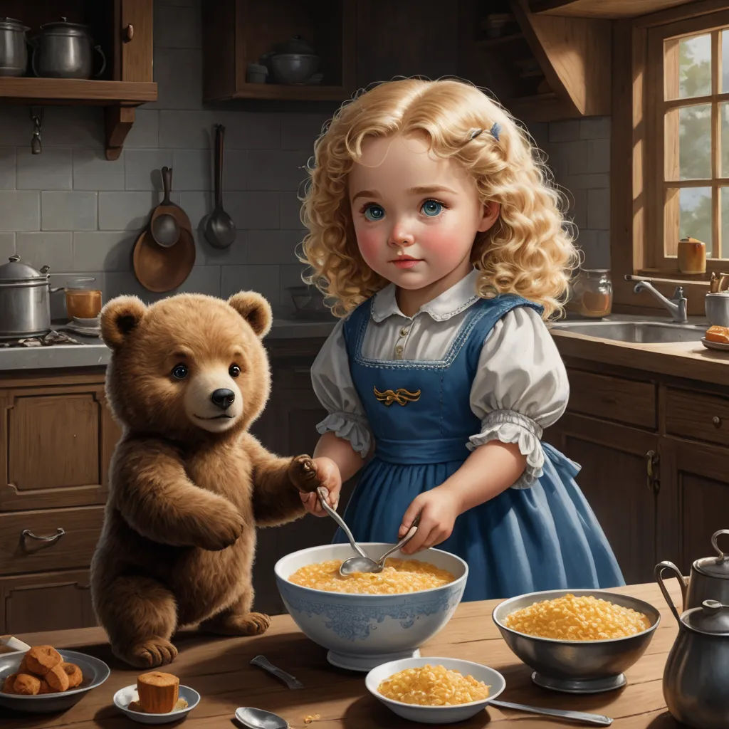 a painting of a girl and a teddy bear eating cereal together in a kitchen with a teddy bear on the counter, pop surrealism, a storybook illustration, Chris LaBrooy, highly detailed digital painting