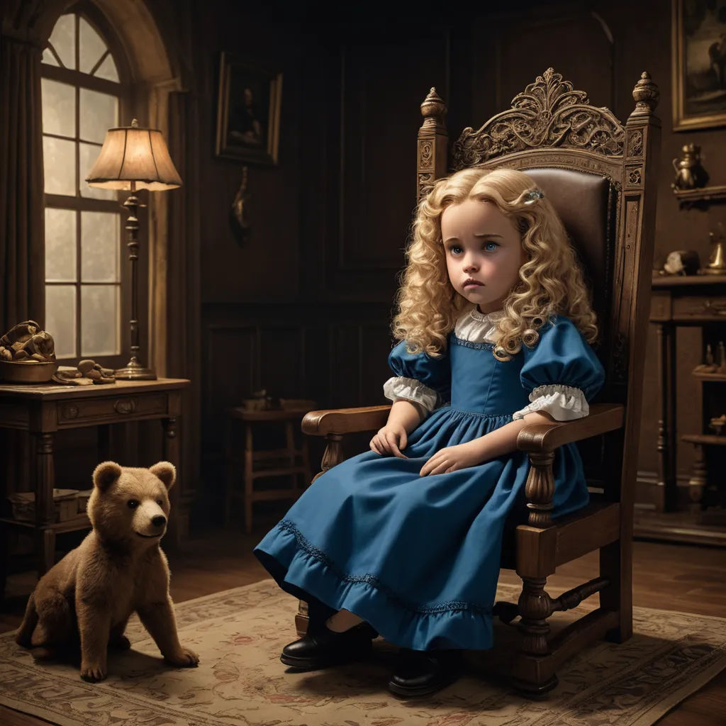 a little girl sitting in a chair next to a teddy bear in a room with a lamp and a teddy bear, art photography, a character portrait, Clarice Beckett, promotional image