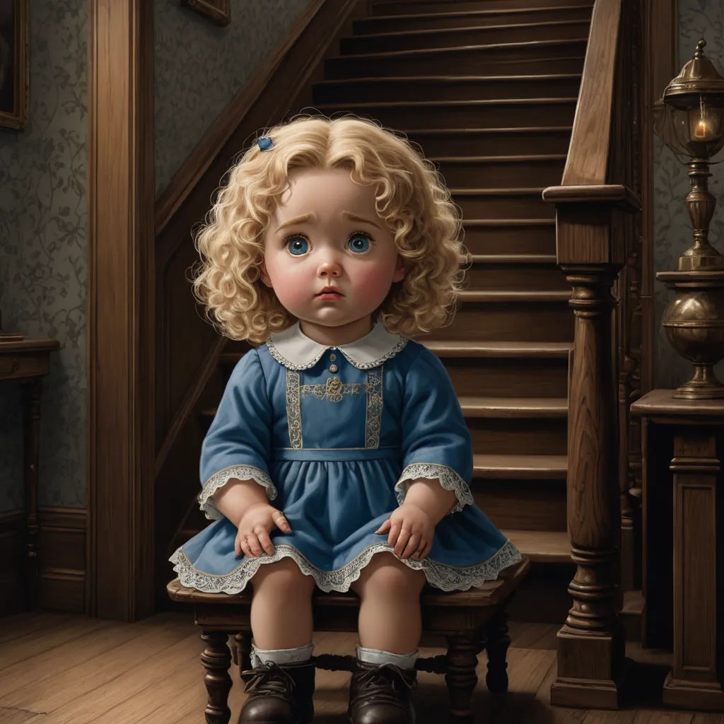 a painting of a little girl sitting on a chair in front of a staircase with a handrail and a stair case, photorealism, a photorealistic painting, Clarice Beckett, pixar and disney animation