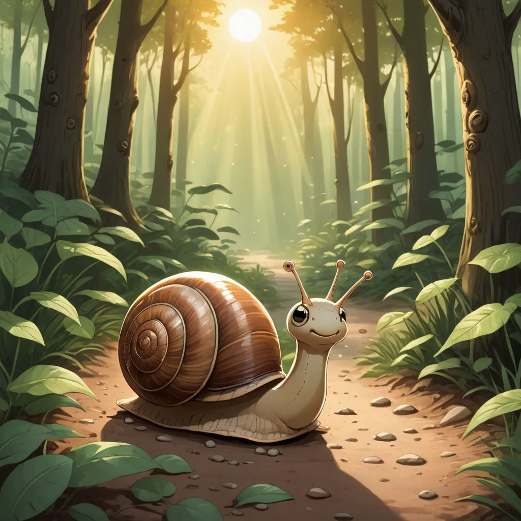 a snail is sitting on a path in the woods with sunlight coming through the trees and leaves on the ground, sots art, a storybook illustration, Chris LaBrooy, magic the gathering artwork