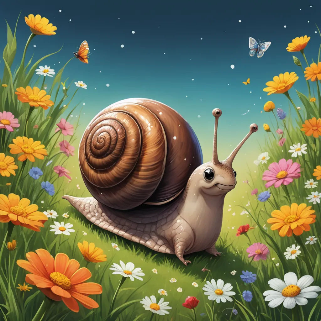 a snail is sitting in a field of flowers and daisies with a butterfly flying overhead in the background, fantasy art, a storybook illustration, Chris LaBrooy, highly detailed digital painting