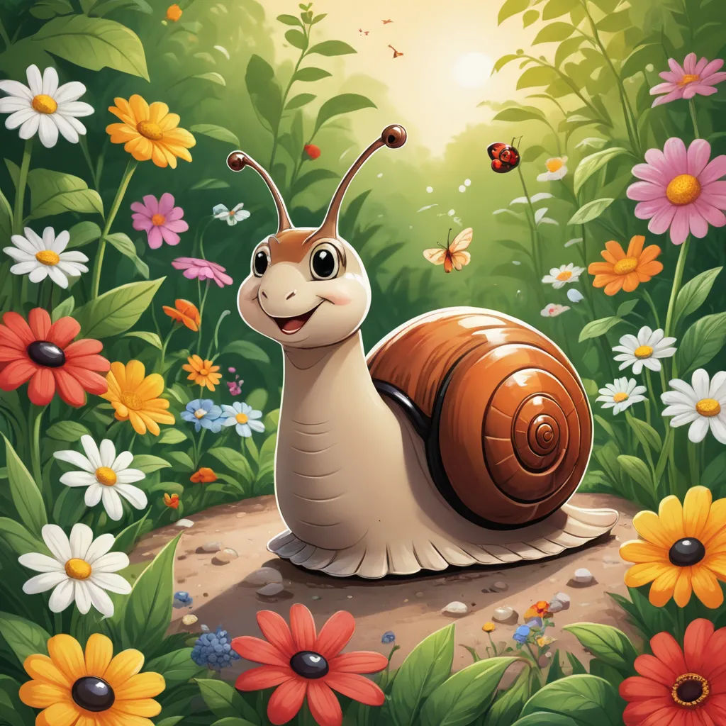 a snail is sitting in the middle of a flower garden with butterflies and flowers around it, and a ladybug is flying around, fantasy art, a storybook illustration, Chris LaBrooy, highly detailed digital painting
