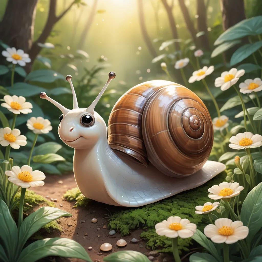 a snail is sitting in the middle of a forest with daisies and daisies around it, with the sun shining through the trees, fantasy art, a digital painting, Chris LaBrooy, ultra realistic digital art