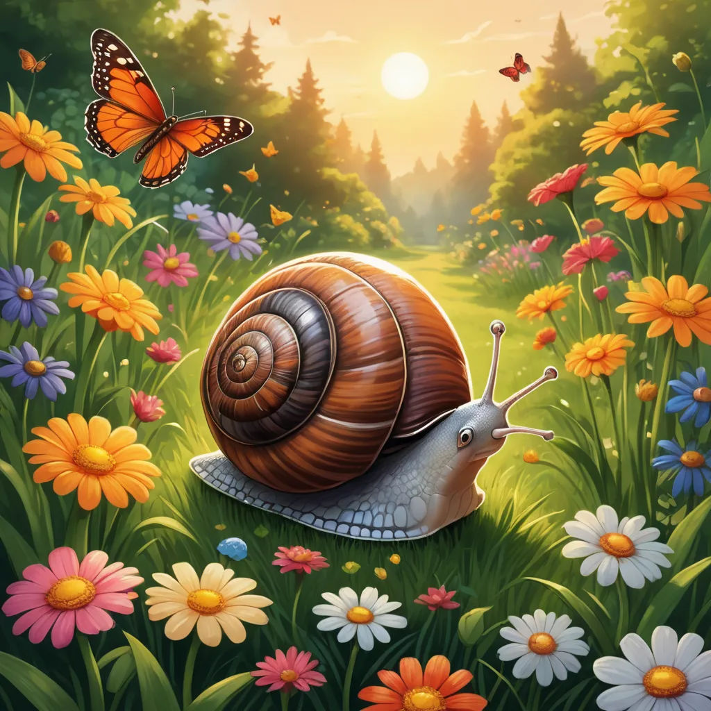 a snail is sitting in a field of flowers and butterflies with a butterfly flying above it, and a butterfly is on the ground, sots art, a storybook illustration, Chris LaBrooy, game art