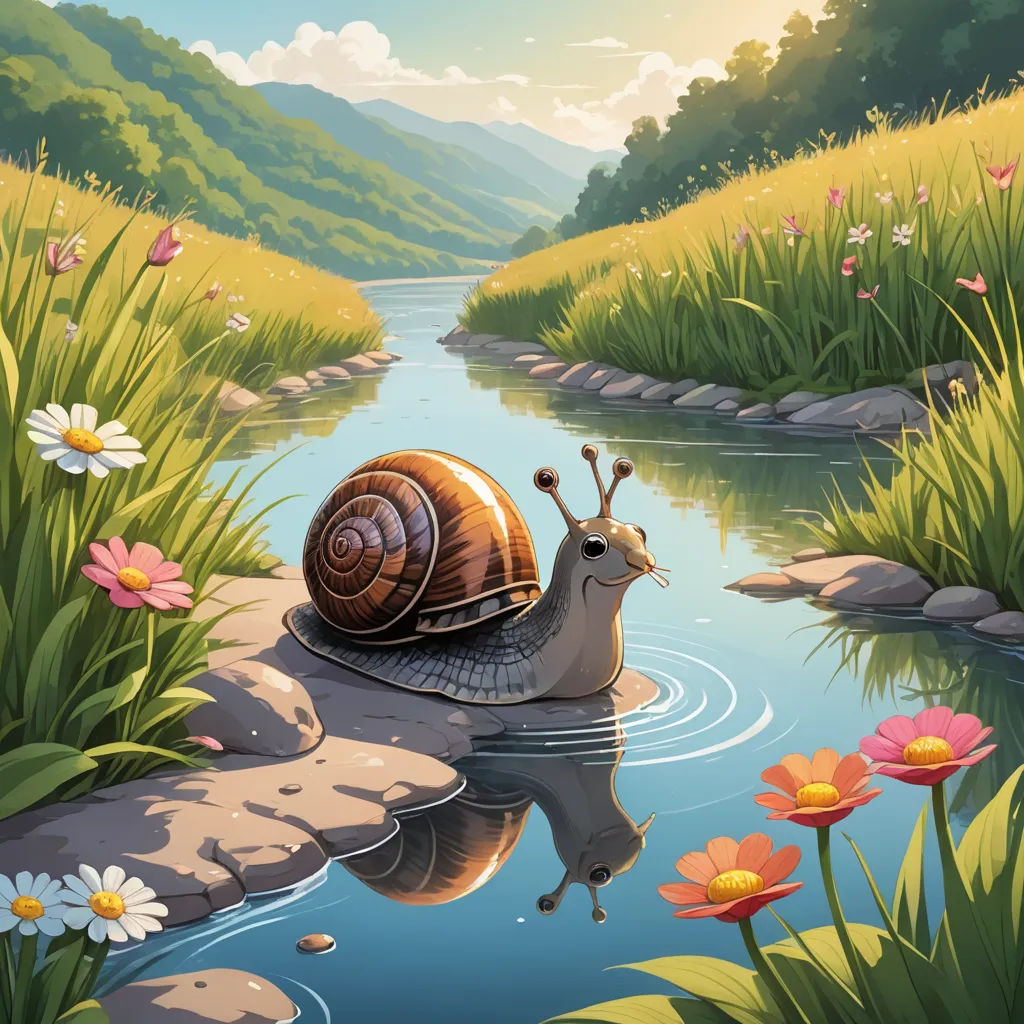 a snail is sitting on a rock in the water near a stream of water and flowers in the background, environmental art, a storybook illustration, Chris LaBrooy, storybook illustration