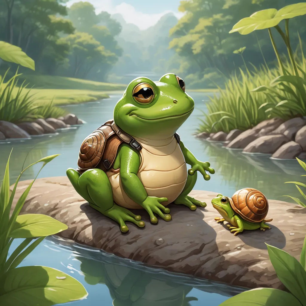 a frog and a snail sitting on a rock in a riverbank with a forest background and a stream, fantasy art, a storybook illustration, Chris LaBrooy, magic the gathering artwork