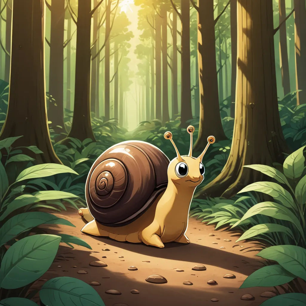 a snail is sitting on a path in the forest with a sunbeam in the background and leaves on the ground, sots art, a storybook illustration, Craola, official art