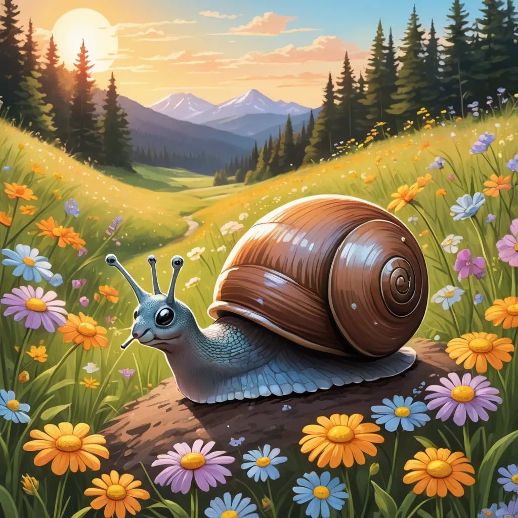 a snail is sitting on a log in a field of flowers and daisies with a mountain in the background, sots art, a detailed painting, Chris LaBrooy, official art