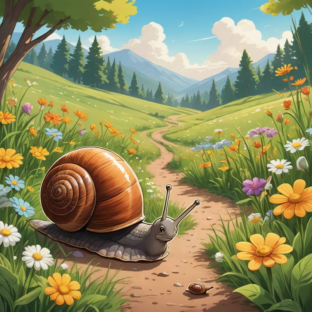 a snail is going down a dirt path in a field of flowers and trees with a mountain in the background, sots art, a storybook illustration, Chris LaBrooy, league of legends splash art