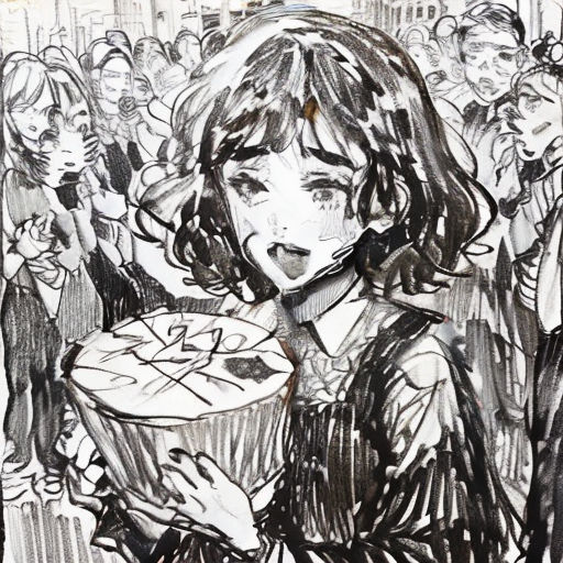 a drawing of a girl holding a bowl of food in front of a crowd of people in a city