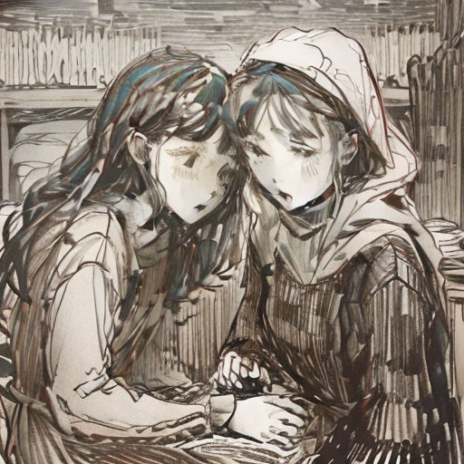 two girls sitting next to each other in front of a book shelf with books on it and a cat on the floor