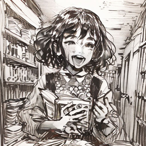 a drawing of a girl reading a book in a library with a surprised look on her face and mouth