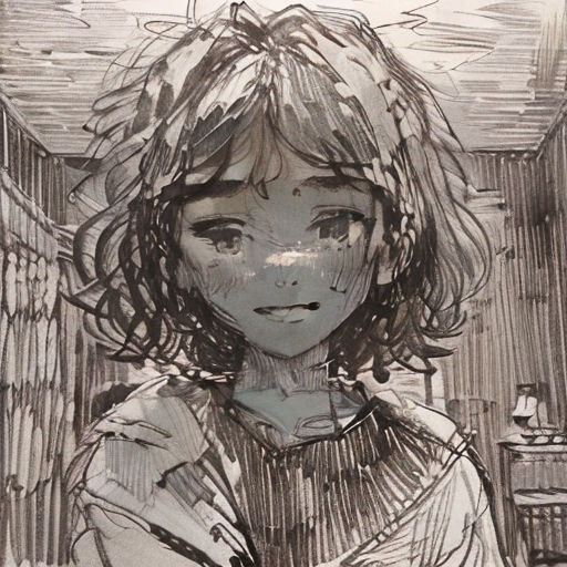 a drawing of a girl with long hair and a white shirt on, standing in a room with a wall