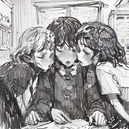 a drawing of three girls sitting at a table with a book and pen in their hands and looking at a book