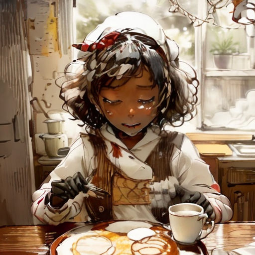 a girl sitting at a table with a plate of pancakes and a cup of coffee in front of her