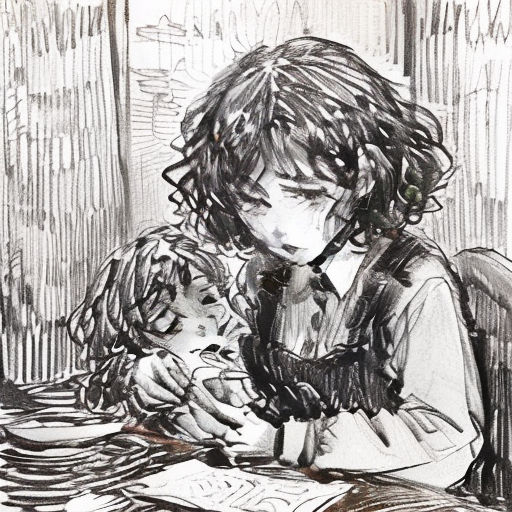 a drawing of a girl sitting at a table with a cat and a book in her lap and a cat in her lap