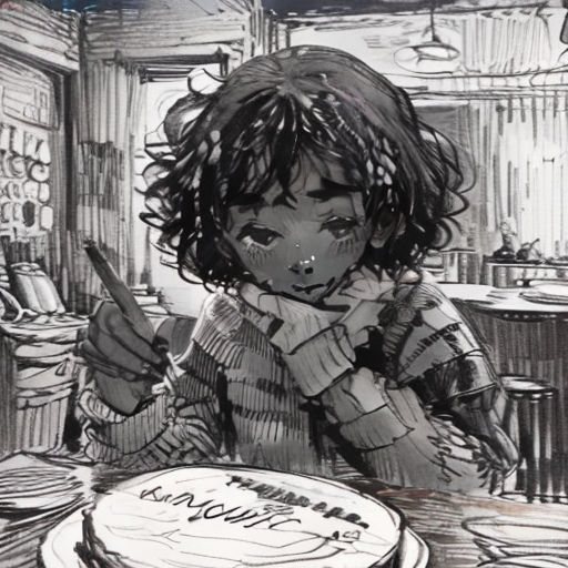 a drawing of a girl sitting at a table with a cake in front of her and a knife in her hand