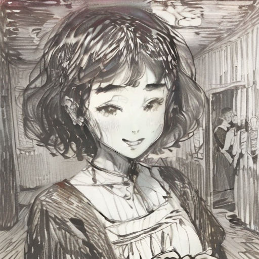 a drawing of a woman holding a cat in a room with people in the background and a cat on the floor