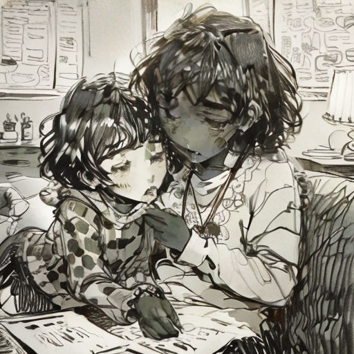 a drawing of two children sitting on a couch reading a book together, with a cat in the background