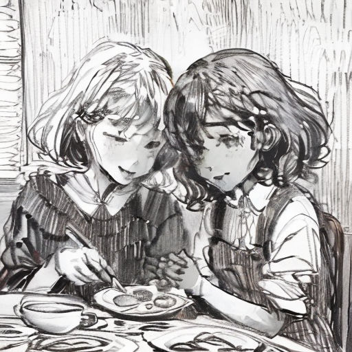 two girls sitting at a table eating food together, one of them is looking at the camera and the other is looking at the camera