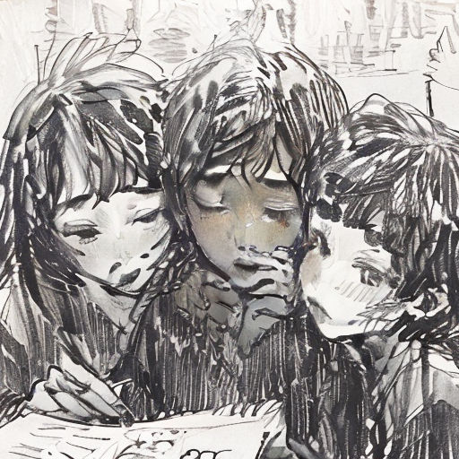 a drawing of two women reading a book together in a room with a window behind them and a cityscape in the background