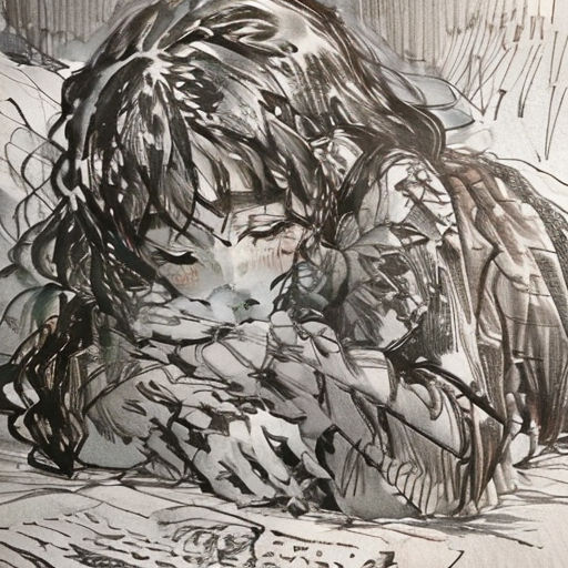 a drawing of a woman laying down on a bed with her head on her hands and a cat in her lap