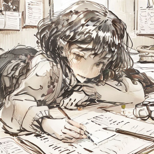 a drawing of a girl laying on a desk with a book and pen in her hand and papers on the desk