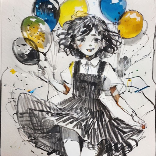 a drawing of a girl holding balloons and a number of balloons in her hand, with a number of balloons in the air