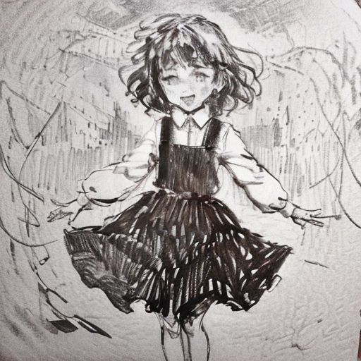 a drawing of a girl in a dress with an umbrella in the background and a cityscape in the background
