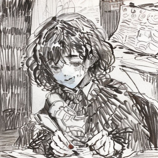 a drawing of a woman sitting at a table with a pen in her hand and a book in her lap