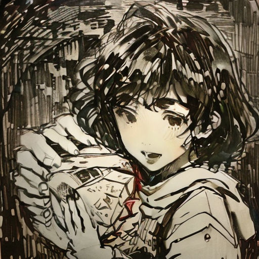 a drawing of a woman with a coat on and a tie on her neck, with a city in the background