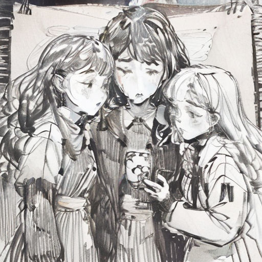 a drawing of three girls looking at a cell phone together, with a bird flying overhead and a building in the background