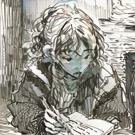 a drawing of a person sitting at a table with a book and pen in their hand and a book in front of them