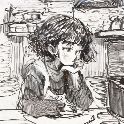 a drawing of a girl sitting at a table with a plate of food in front of her and a bird flying overhead